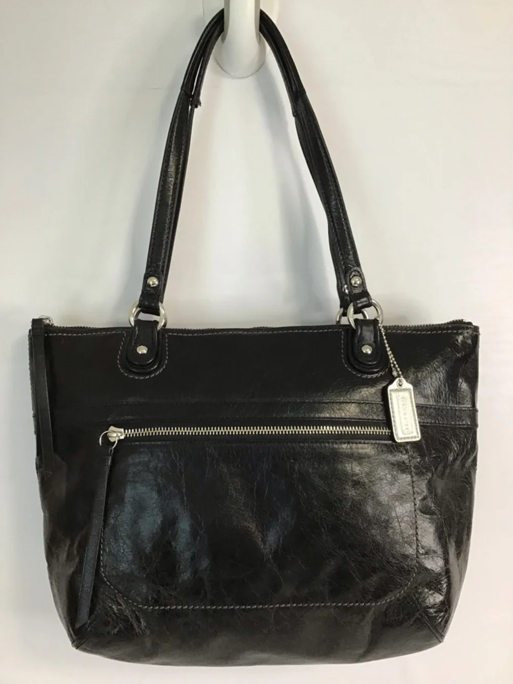 COACH LG POPPY  Black Distressed Look LEATHER Tote Shoulder